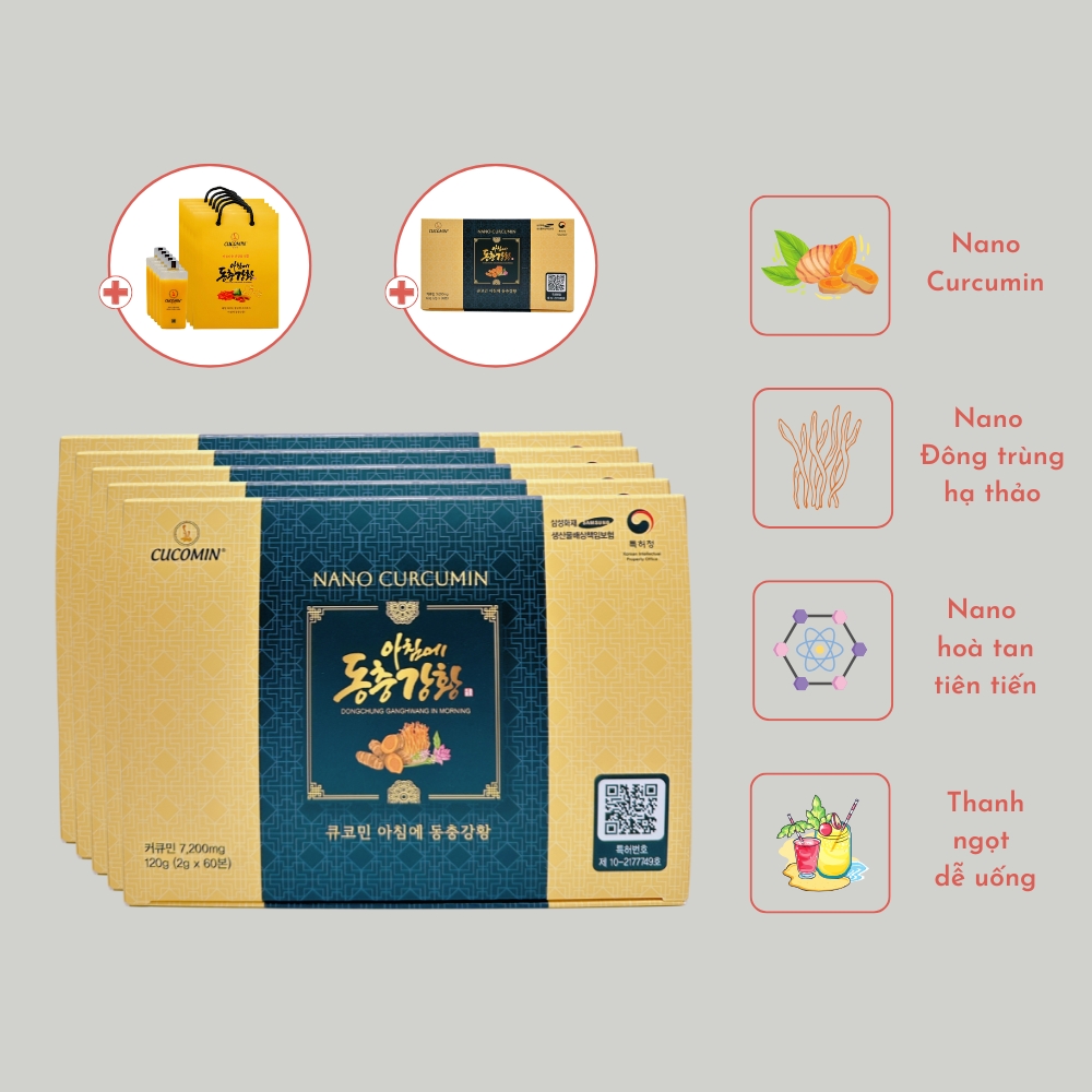 Tinh Chất Nghệ Nano Curcumin Nghệ Đông Trùng CUCOMIN Hàn Quốc Loại 60 Tuýp × 2g × 5 Hộp + Tặng 1 Hộp 30 Tuýp